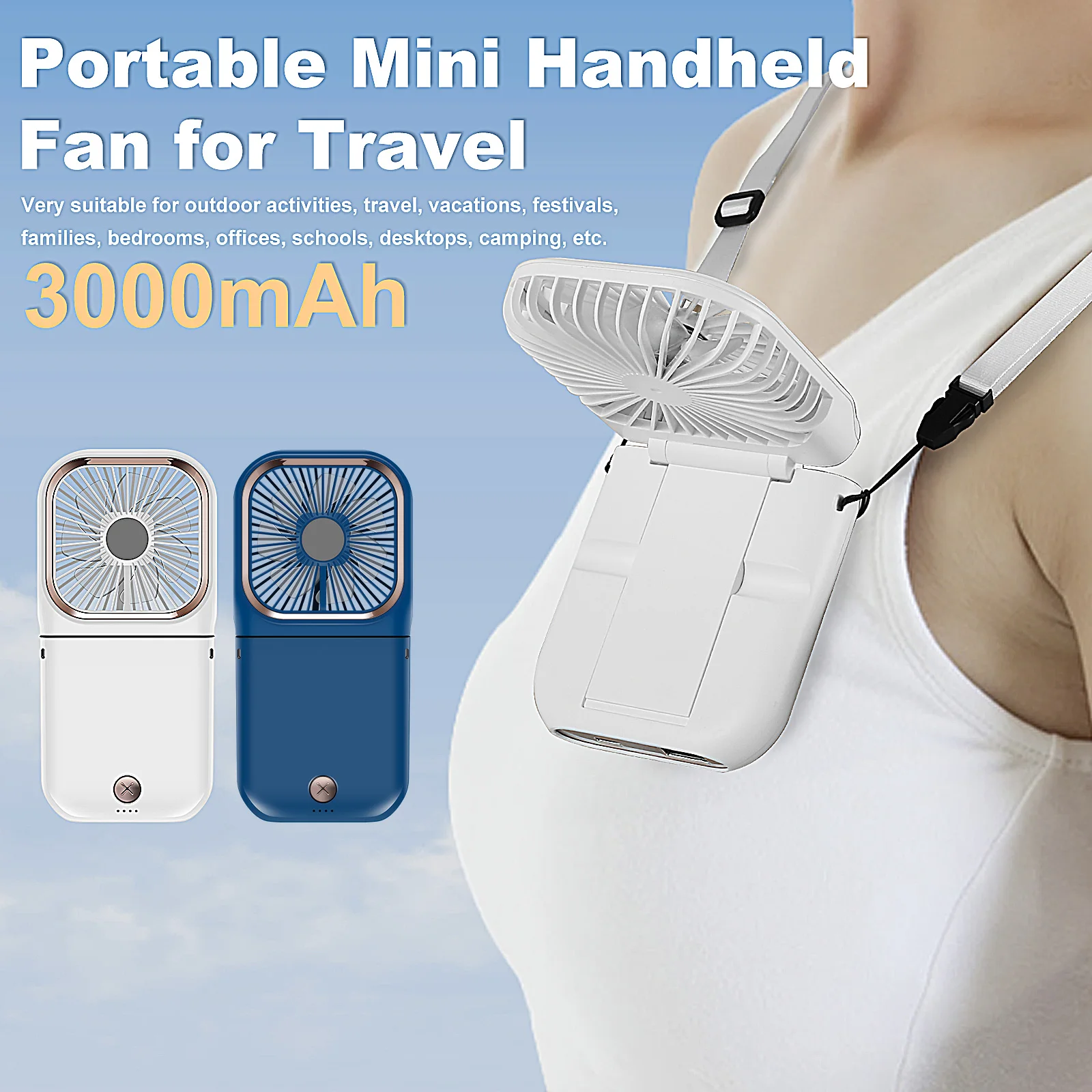 

NEW Portable Mini Handheld Fan with Lanyard Foldable Hand Held Personal Fan 3000mAh Rechargeable Handheld Cooling Fan 3 Speeds