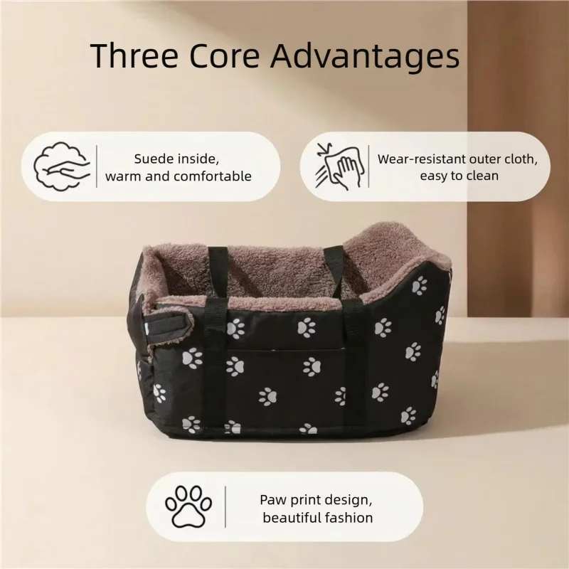 Pet Car Seat Dog Carrier Center Console Portable Safety Bed for Small Dogs Cats Travel Paw Print Design Soft Pet Supplies