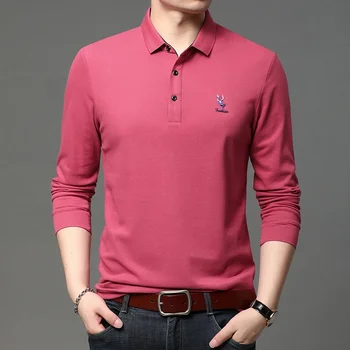 Polo a maniche lunghe con ricamo casual da uomo nuova Top tinta unita alla moda