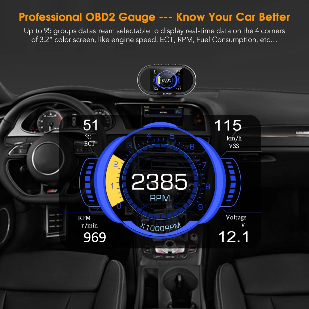 KONNWEI KW206 Car OBD2 Scanner HUD Head Up Display Car On-Board Computer Auto Digital Fuel Consumption Water Temperature Gauge