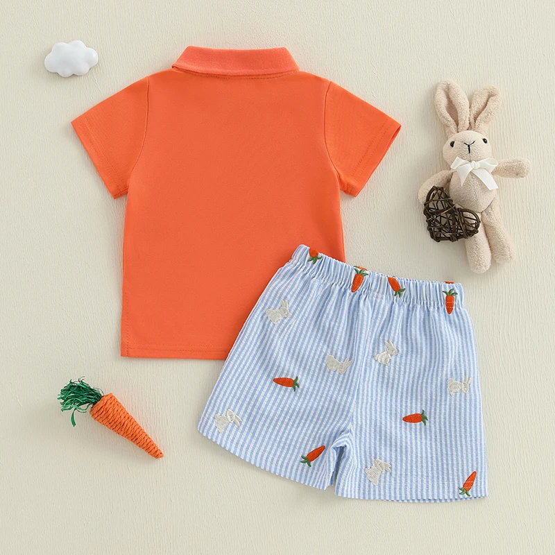 Adorable Baby Boys Easter Outfits with Bunny Embroidery on Short Sleeves T-Shirt and Elastic Carrot Stripe Shorts Set - 2 Piece 1