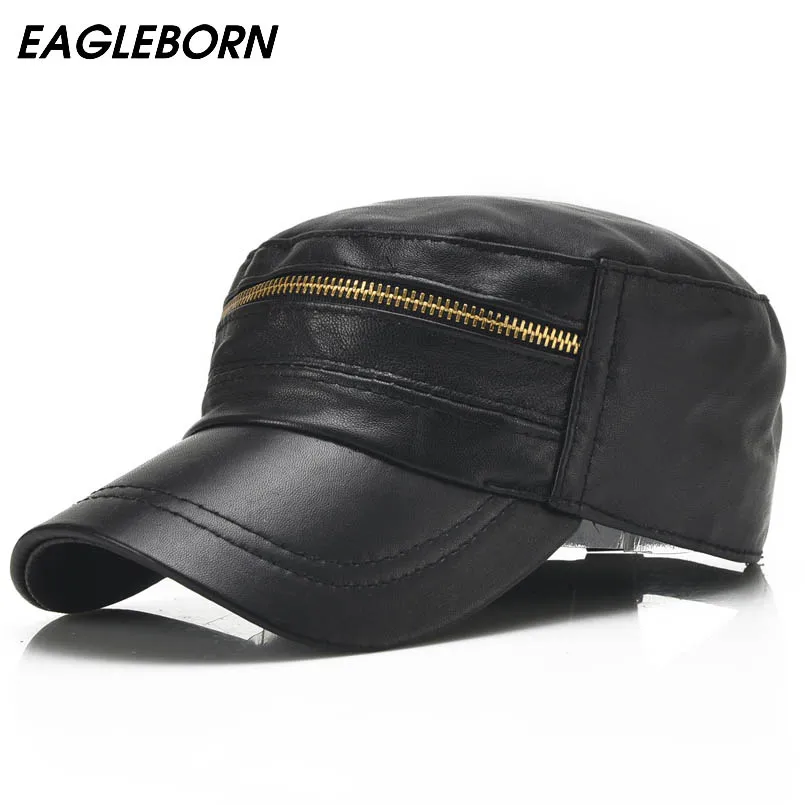 

EAGLEBORN 2023 New Sheepskin Genuine Leather Military Hats with Zipper Design Men's 100% Leather Flat Hats for Men Women's Hat