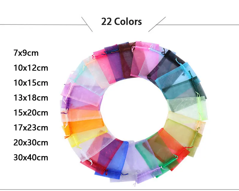 100 stücke 7x9 cm 10x12 cm Bunte Organza Beutel Verpackung Beutel Beutel Organza Geschenk taschen Für Schmuck Hochzeit Party Decor Kordelzug Beutel – Detail 2