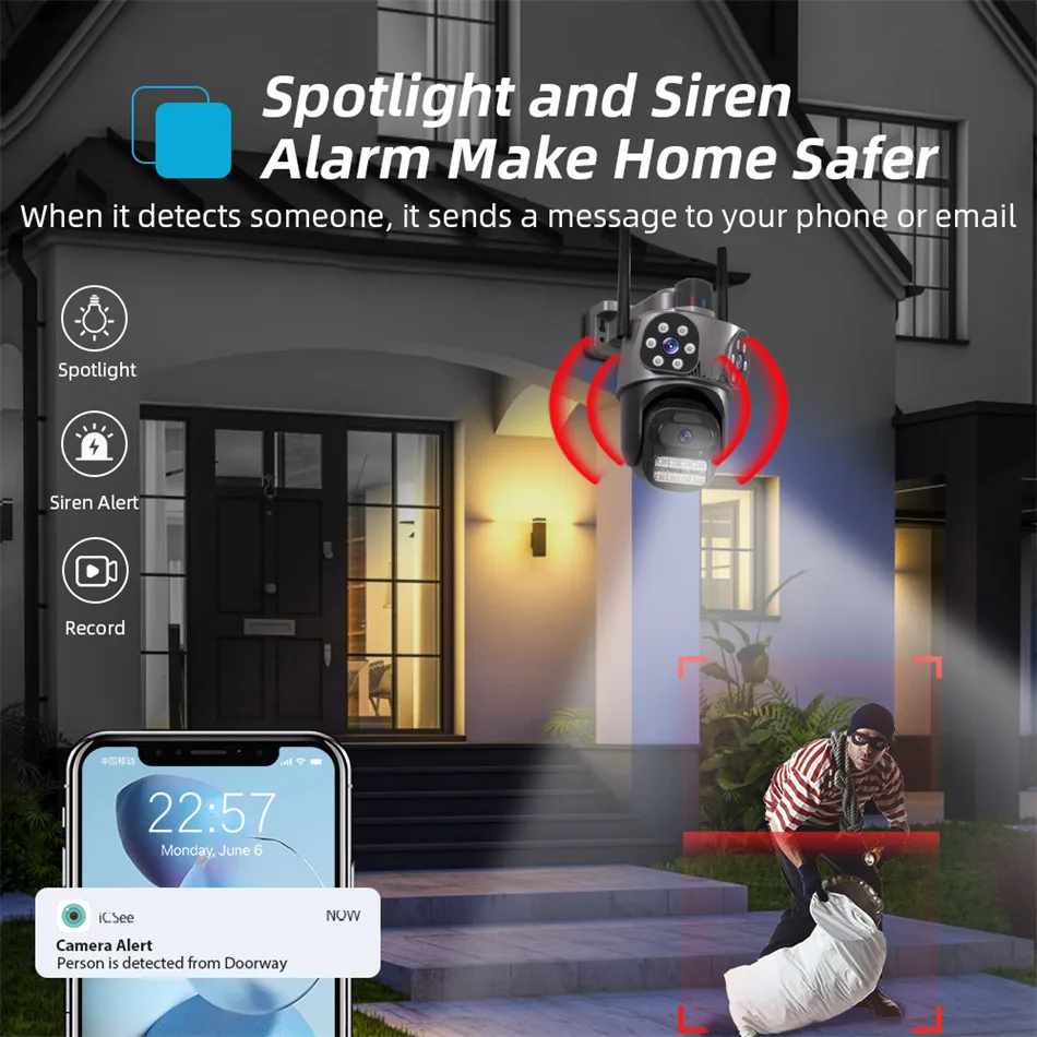 12MP 6K HD WiFi IP Camera Outdoor Three Lens Three Screen PTZ Camera Auto Tracking Home Security CCTV Surveillance 6MP iCSee Cam 4