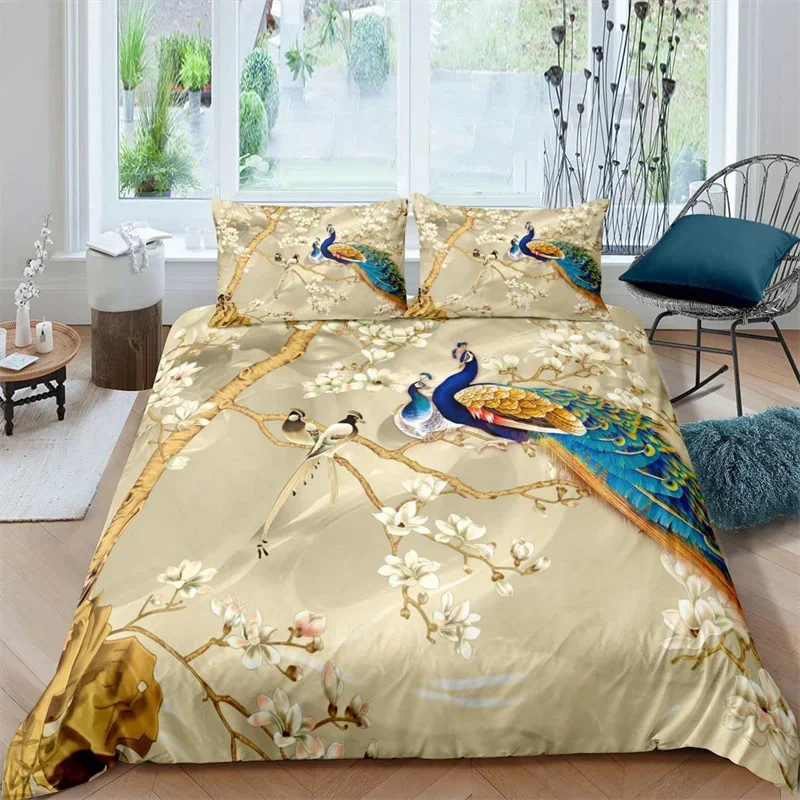 Kids Peacock Duvet Cover Set Twin Queen Birds Feather Pattern Quilt Cover Branch Flowers Bedding Set Microfiber Bedspreads Cover