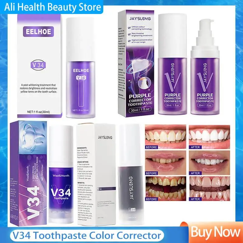 

V34 Whitening Fresh Breath Brightening Purple Toothpaste Remove Stain Reduce Yellowing Care For Teeth Gums Oral 30ml