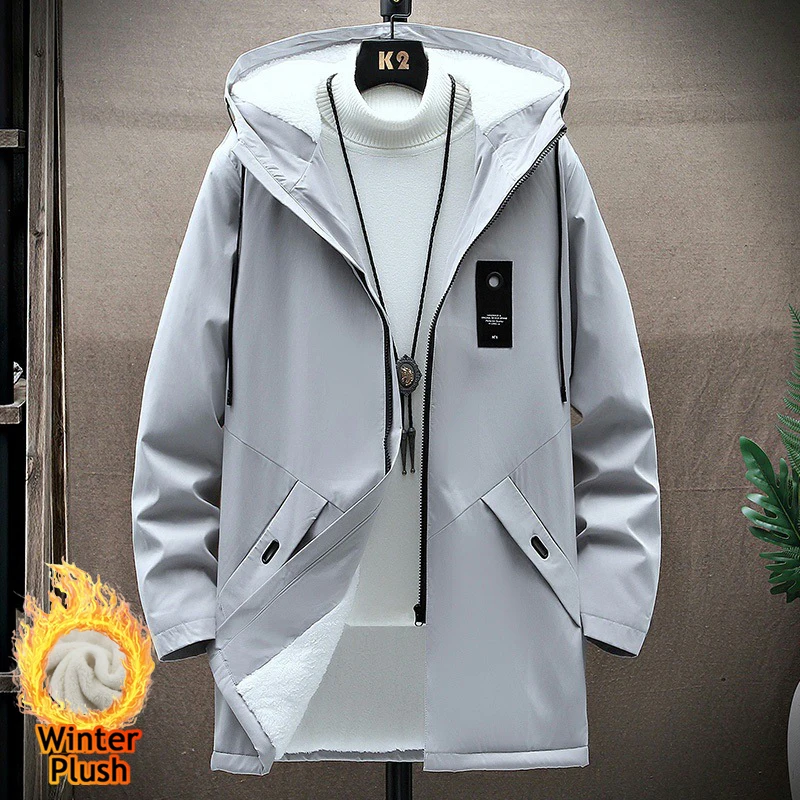 

2023 Autumn and Winter New Fashion Trend In Long Style Plus Fleece Thickened Windbreaker Men's Casual Loose High-Quality Coat