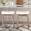 ALPHA HOME Bar Stools Set of 2, Solid Wood Saddle Kitchen Stools with Beige Linen Fabric Cushion Counter Height Barstools 1