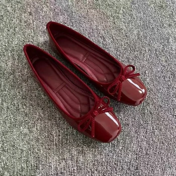 Women's Square Toe Ballet Flats, Patent Leather Bowknot Flat Shoes, Elegant Comfortable Casual Dress Shoes for Ladies
