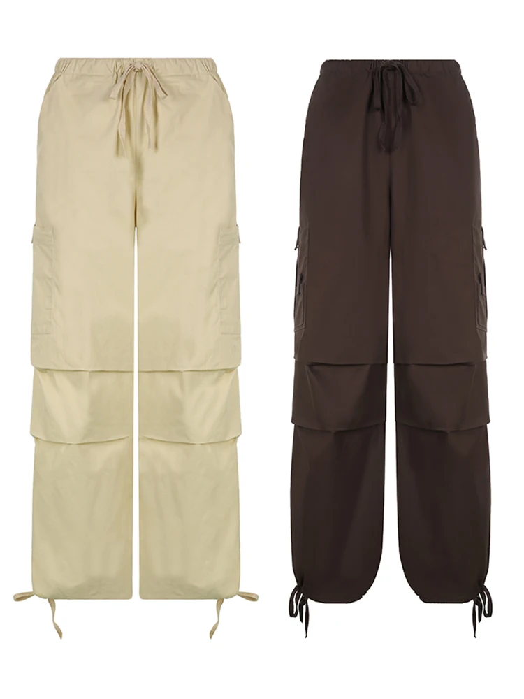 Weekeep Light Khaki Cargo Pants Streetwear 100% Cotton Big Pocket Patchwork Casual Pants Drawstring Low Waist Baggy Trouser Lady