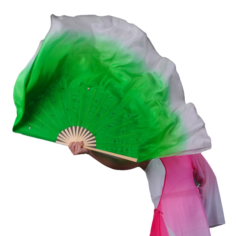 Hot Belly Dance 100% Real Silk Fan Veils Various Size White Green Gradient Chinse Folk Dance Bamboo Folding Fan Props 16"-34"
