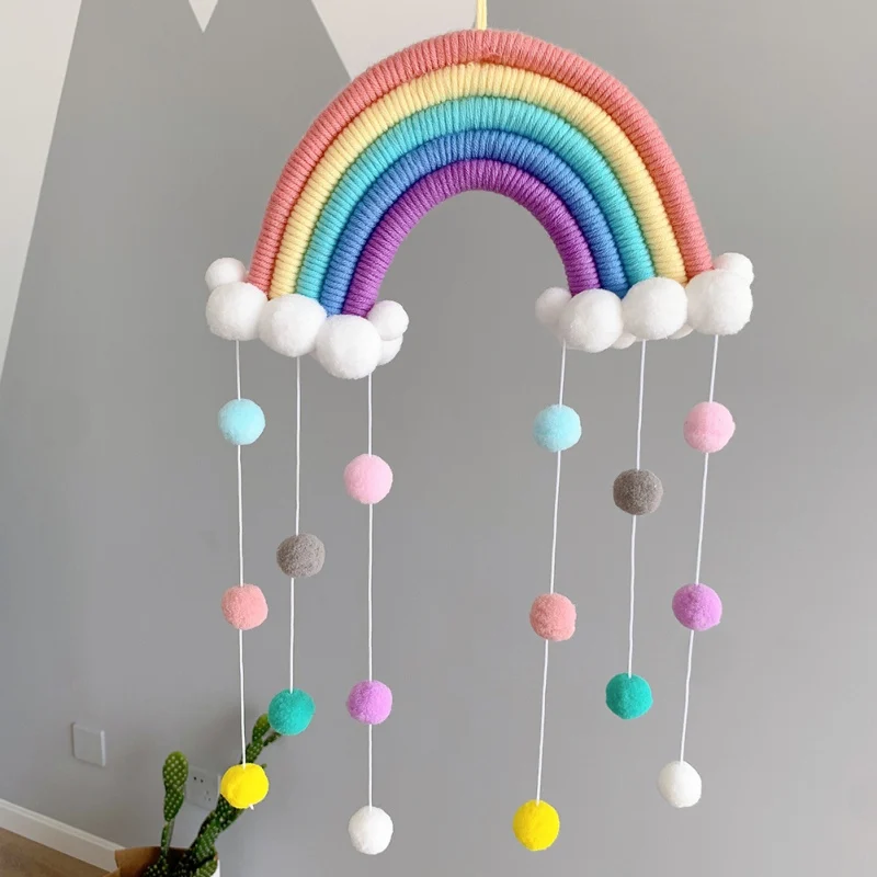 

INS Style Room Decoration Handmade Woven Cotton Rope Rainbow Hanging Decoration Wall Hanging Decor With Felt Ball Photo Props