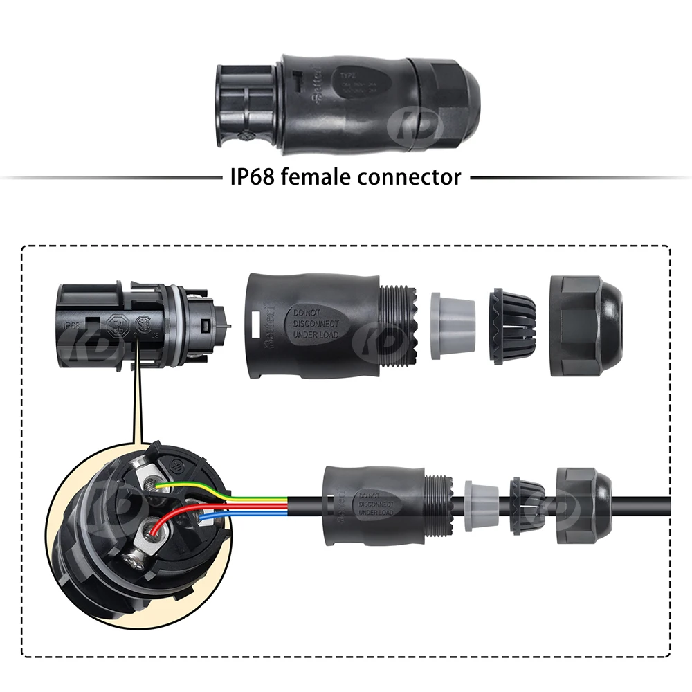 Female Betteri BC01 Connector and Cap, 3-Pole IP68 Waterproof Dustproof PP0  Material TUV 250V-, 25A, 350V-25A