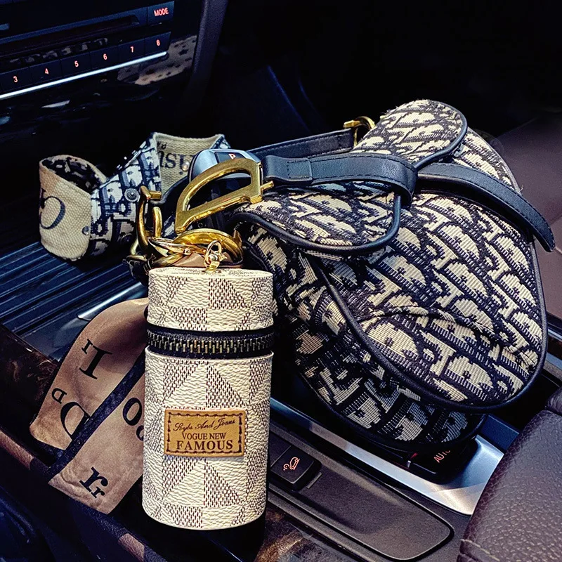 Creative Luxury Leather Plaid Mini Lipstick Bags Keychain Fashion Exquisite Storage Bag Keyring Female bag Car Key Chain Pendant