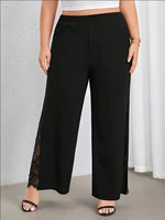Women's plus size black elegant spring summer casual split lace patchwork loose elastic waist wide leg pants straight leg pants - Image 3