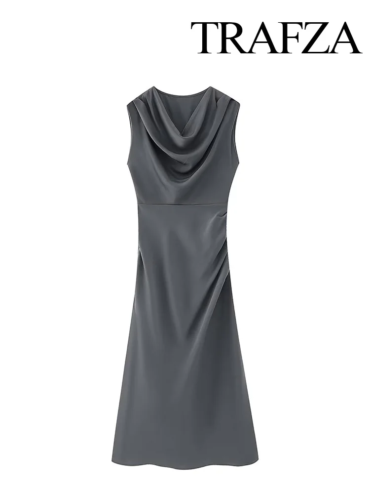 

TRAFZA 2024 Y2k Woman Sexy Grey Dresses Casual Slim Fashion Silk Texture Midi Sleeveless High Waisted Long Dress Vestidos Mujer