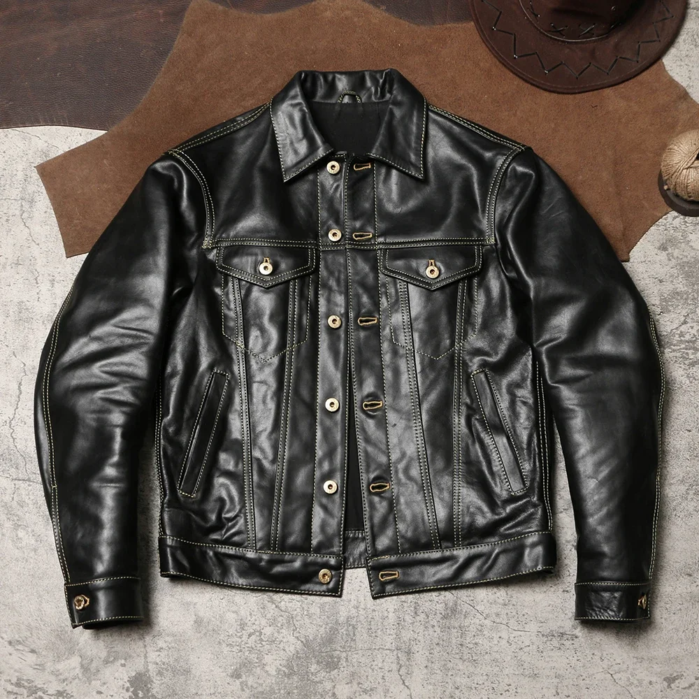 

Retro 507 Tooling Deduction Leather Jacket Men's Lapel Hard Horseskin Leather Motorcycle Cowboy Coat