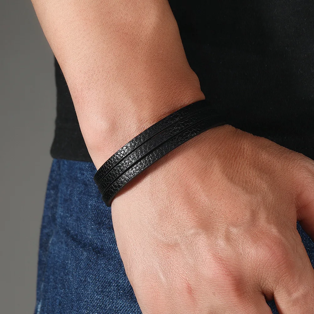 Leather Men Bracelet 3 Layers Hiphop Rock Style