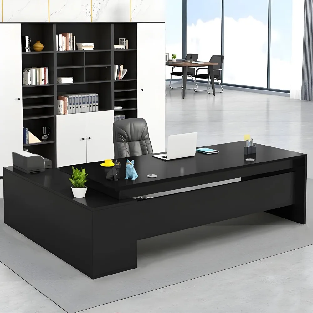 Office Desk with Wood Base, Executive Desks with Drawers and Storage Shelves, Without Chairs, Easy-to-use, Boss Table, 55.1"