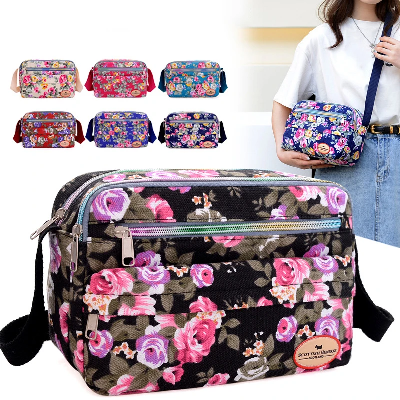 Casual Retro Nylon Shoulder Bag Multi Layered Floral Print Mother Handbag Women's Fashion Vintage Flower Crossbody Bags