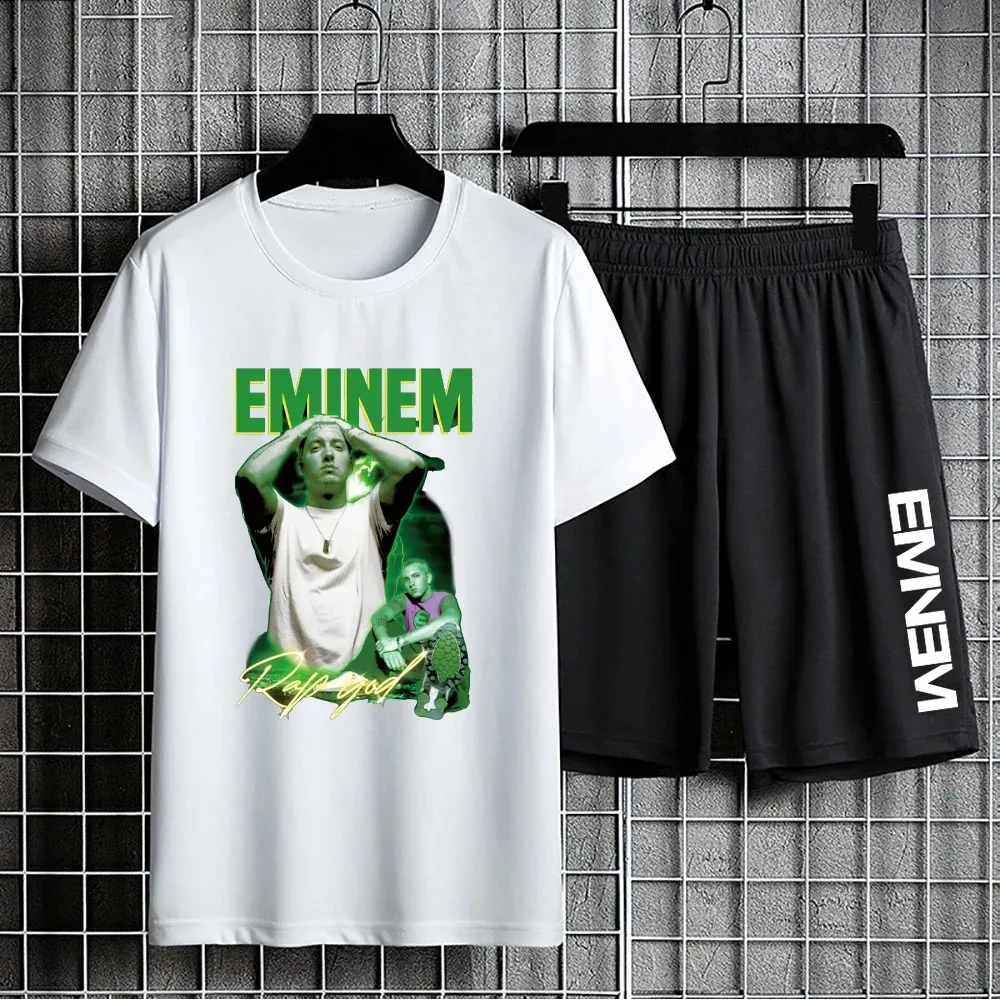 Eminem Slim Shady Print T Shirt Shorts for Men Short Sleeve Sports Suit Oversized Casual Tees Short Pants Hip Hop Two Piece Sets 2