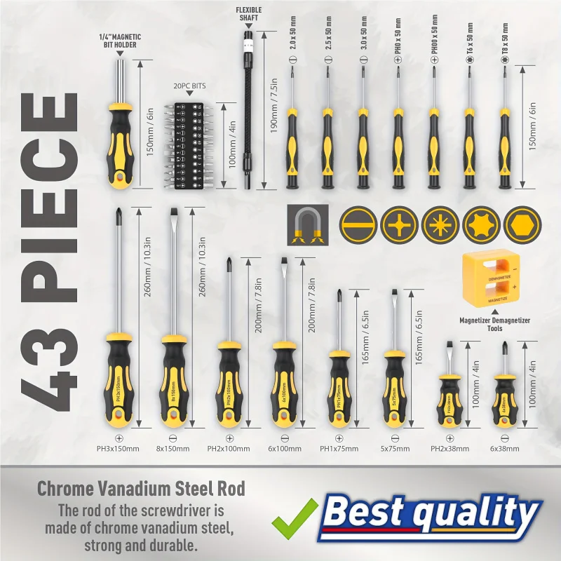 43pcs Magnetic Screwdriver Set With Slotted, Phillips, Hex, And Precision Bits, Chrome Vanadium Steel, With Demagnetizer Tool 5