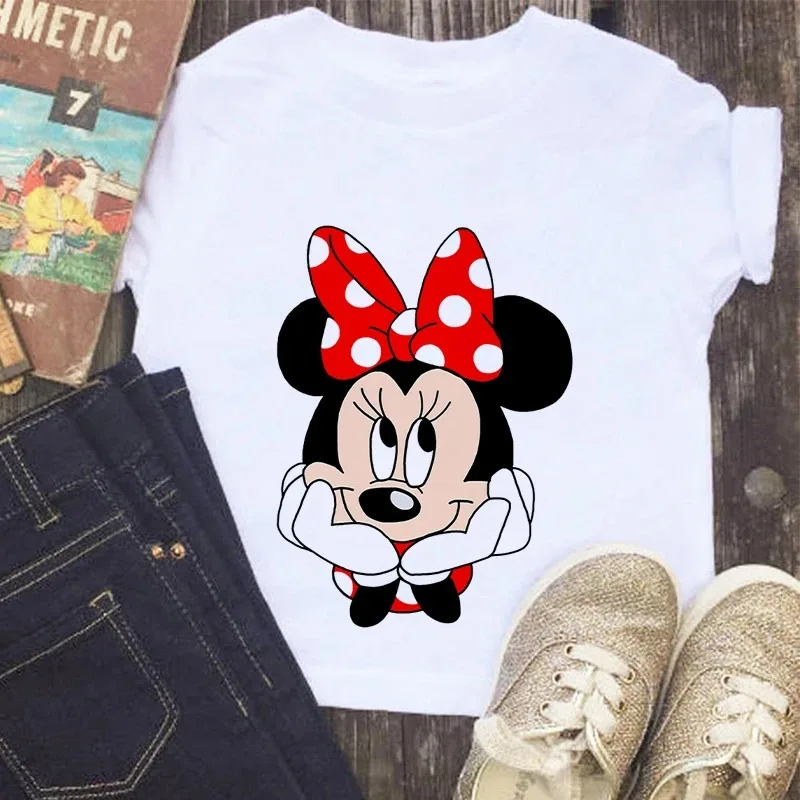Disney Series Mickey Minnie Anime Clothes T-shirt Boy Girl Casual Summer White Pink Cotton Children's Clothing Baby Kawaii Tees 6