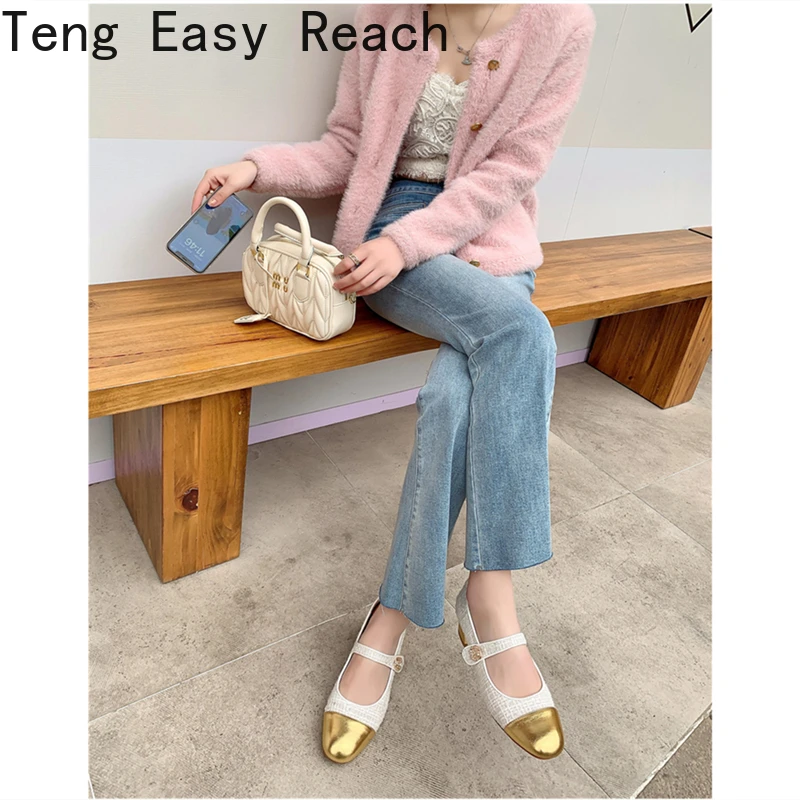 2024 Women Pumps Genuine Leather Square Toe Buckle Strap Shoes Woman Thick Heels Spring Summer Basic Working Office Lady