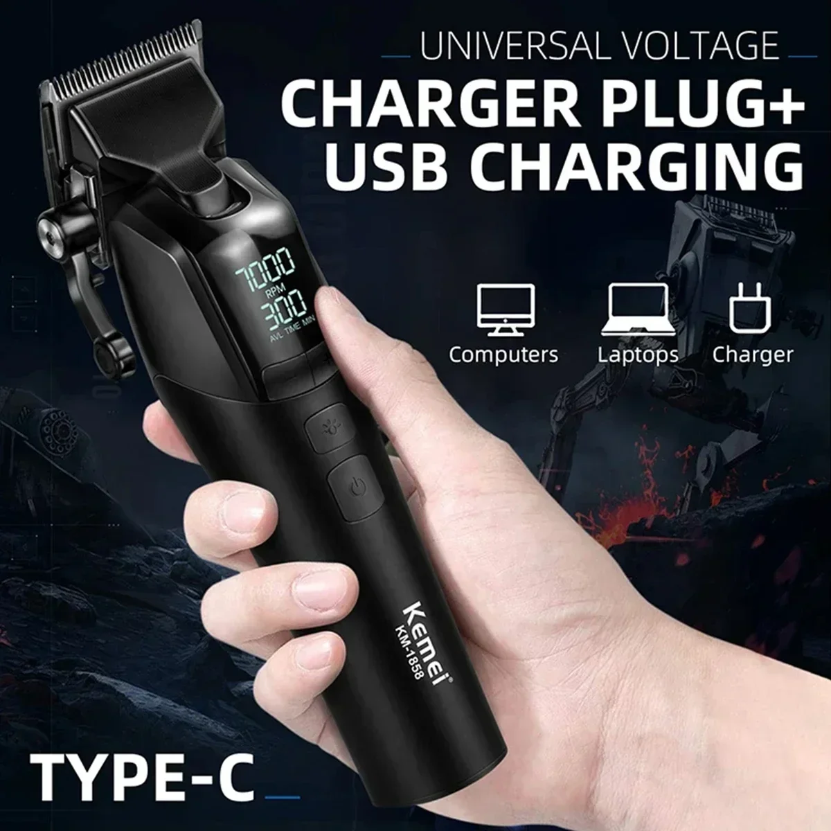 9000RPM Kemei KM-1858 Men's Hair Clipper DLC Blade LED Display