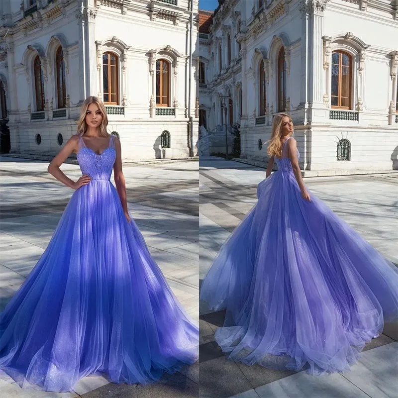 

Elegant Lavender Prom Dresses Lace Appliques Party Dresses Sexy Spaghetti Straps Floor-Length Custom Made Evening Dress
