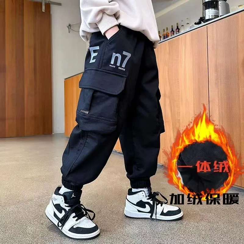 Boys Pocket Cargo Pants Winter Warm Fleece Longchildren's Warm Casual Trousers Christmas Gifts For Boys Loose-fitting Trousers