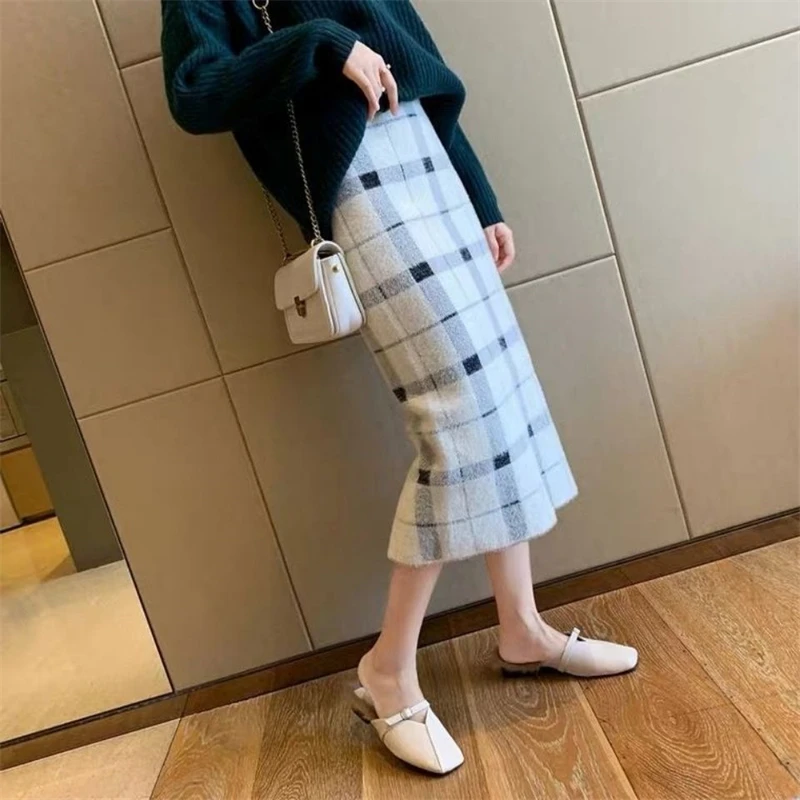 2023 Autumn Winter Women Plaid Split Elegant Elastic High Waist Midi Skirt Female Vintage Casual Thicken Slim Skirts Chic Faldas