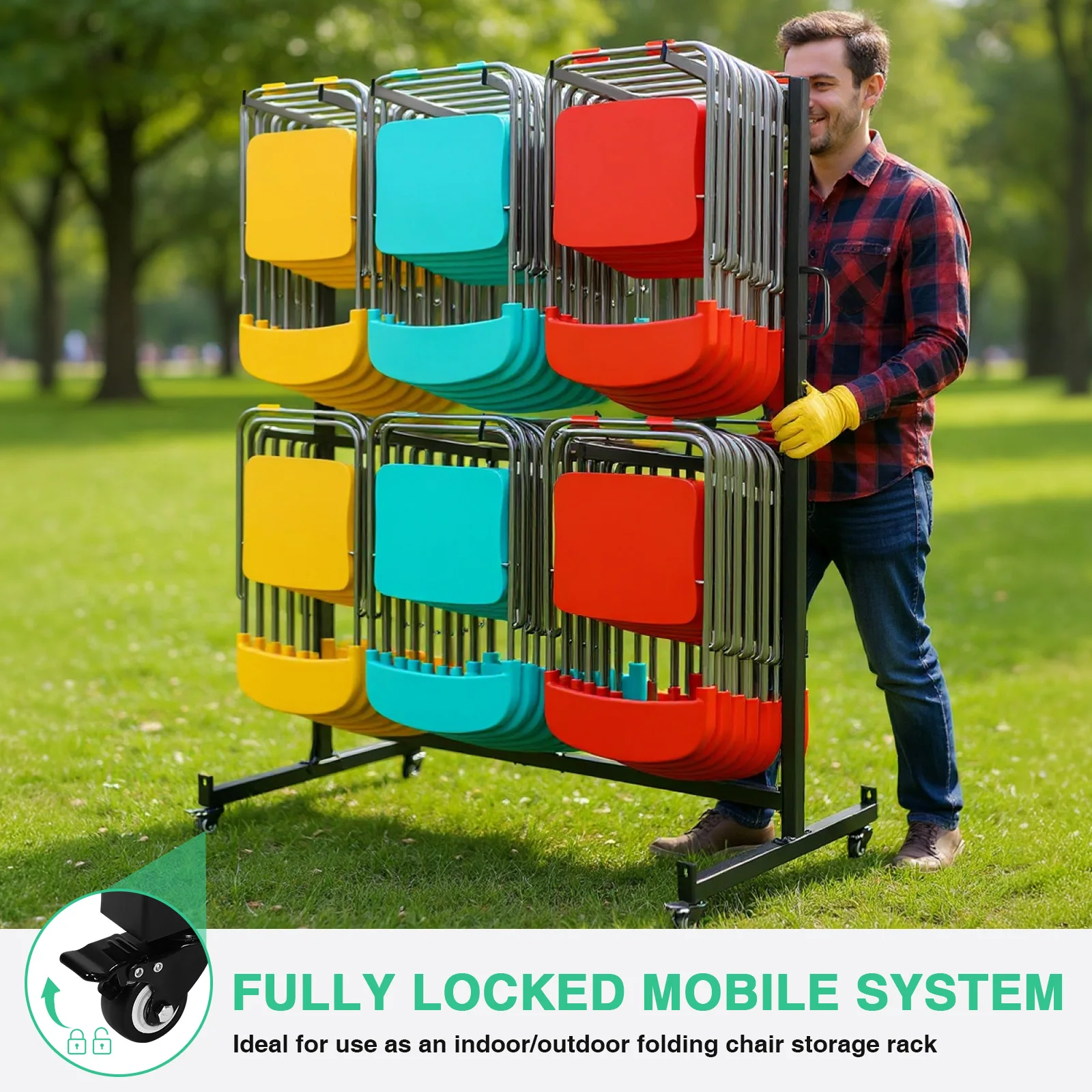 Folding Chair Rack with Locking Rubber Wheels Heavy Duty Folding Chair Cart for 84 Chairs or 12 Tables Storage Rack