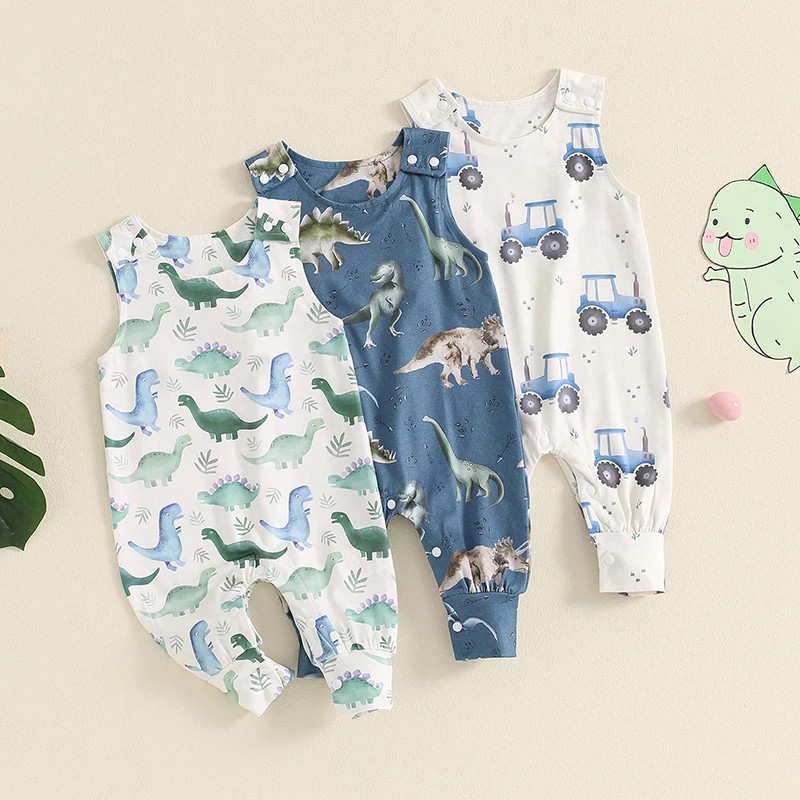 

2024-05-09 Lioraitiin Baby Boys Romper Overalls Casual Summer Dinosaur/Truck Print Sleeveless Jumpsuit for Newborn Cute Clothes