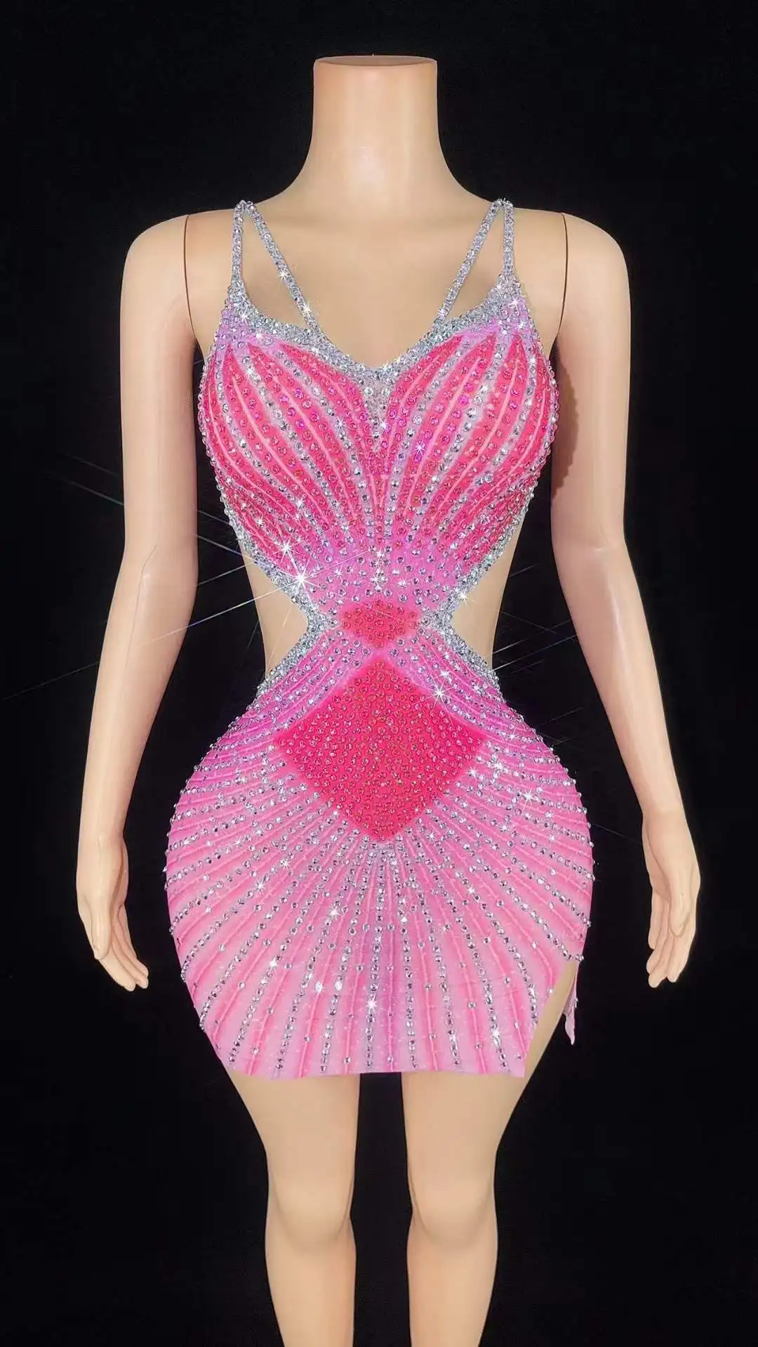 Backless Sparkly Sexy Women Rhinestone Sexy Dress Birthday Party Stage Performance Wear Summer Evening Queen Outfit White Pink