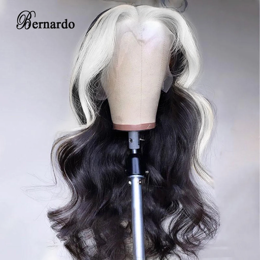 Bernardo Long Body Wave Syntehtic Hair Lace Front Wig Middle Part Black Wigs White Highlight Lace Fronbtal Wig Wavy Hair