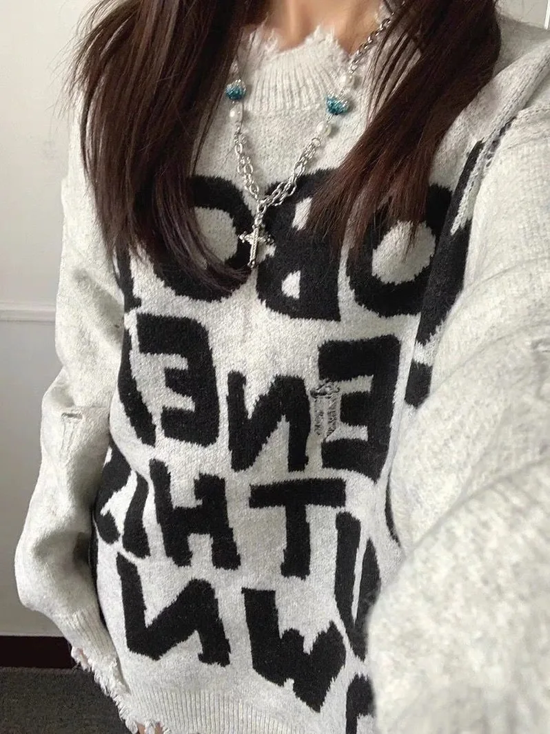 

Gothic Grunge Punk Hole Sweaters Y2k Casual Letter Patchwork Knit Pullovers Loose Y2k Aesthetic Women Jumpers Vintage Streetwear