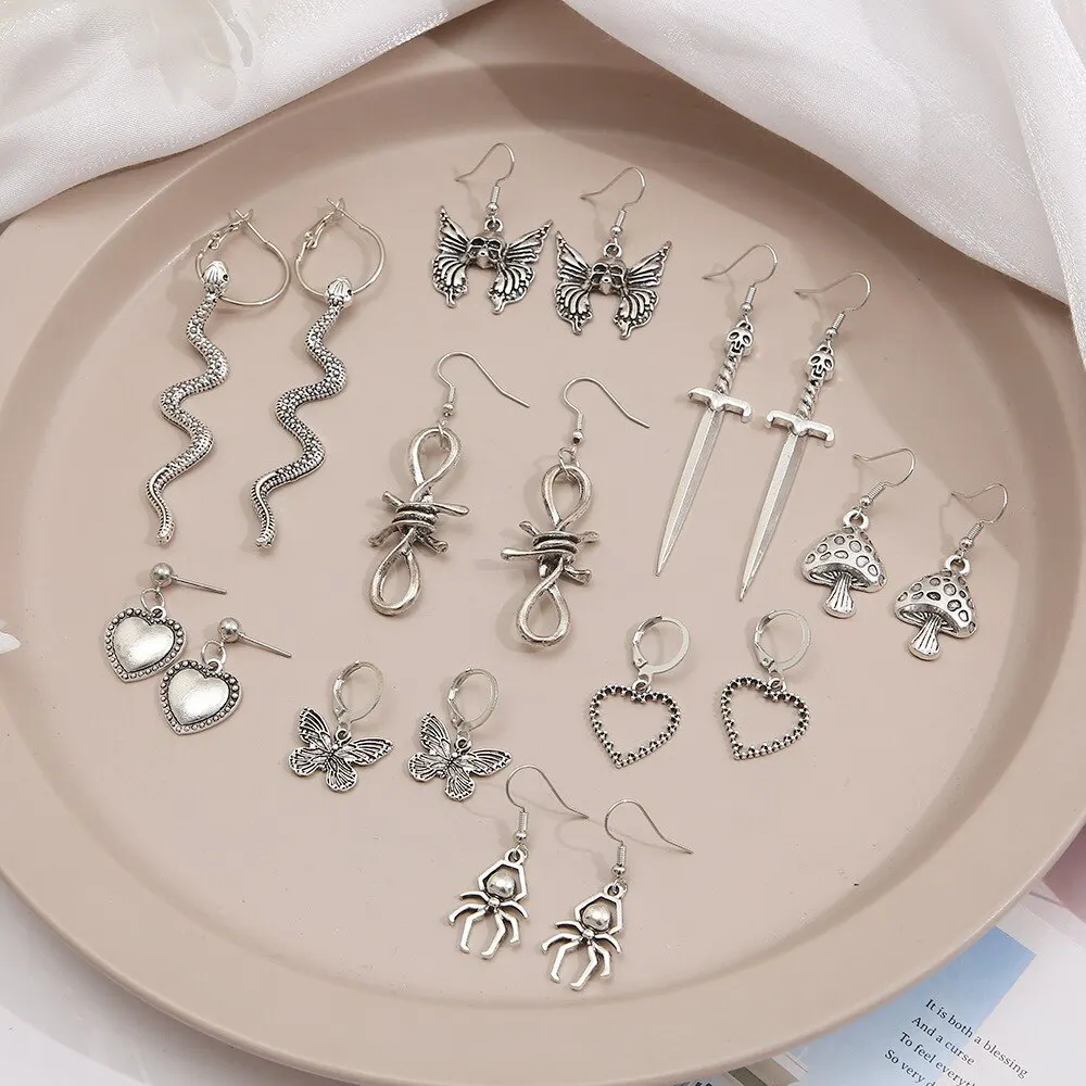 9pairs Set Of Ladies Earrings Retro Halloween Popular Alloy Creative Butterfly Peach Heart Mushroom Snake Spider Pendant Earring butterfly earrings geometric earrings spider earrings