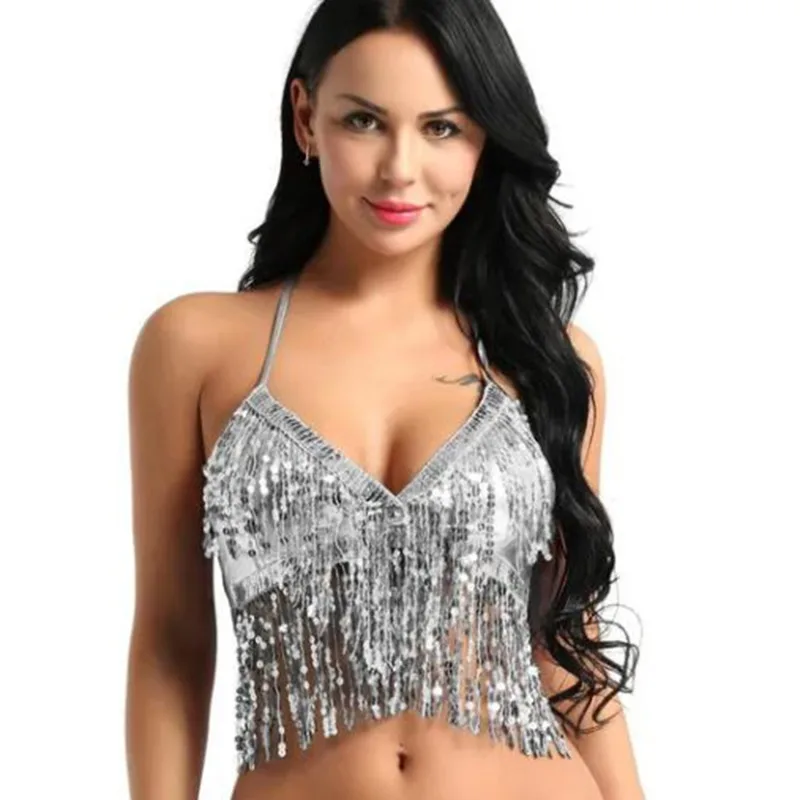 

Women Halter Bra Top With Sequins Tassel Latin Belly Dance Costume Bras Club Party Festival Rave Dance Sexy Crop Tops