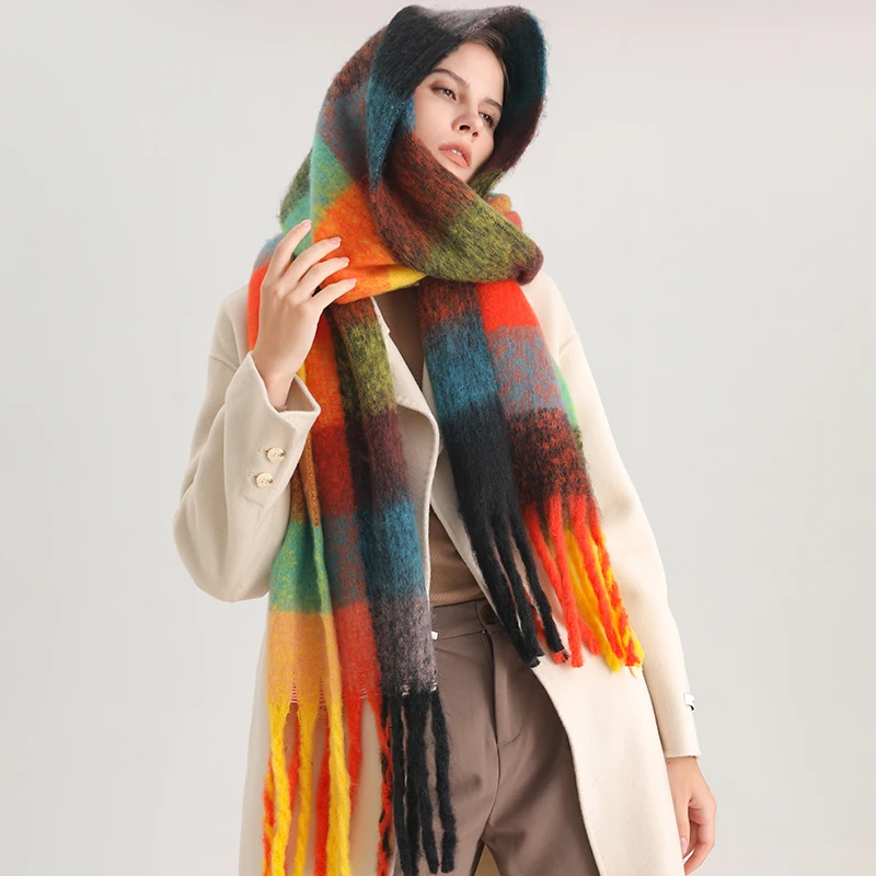 

Thick Striped Cashmere Warm Shawl Women Scarf 2023 Travel Casual Rainbow Plaid Long Pashmina Wraps with Tassel Blanket Bufanda