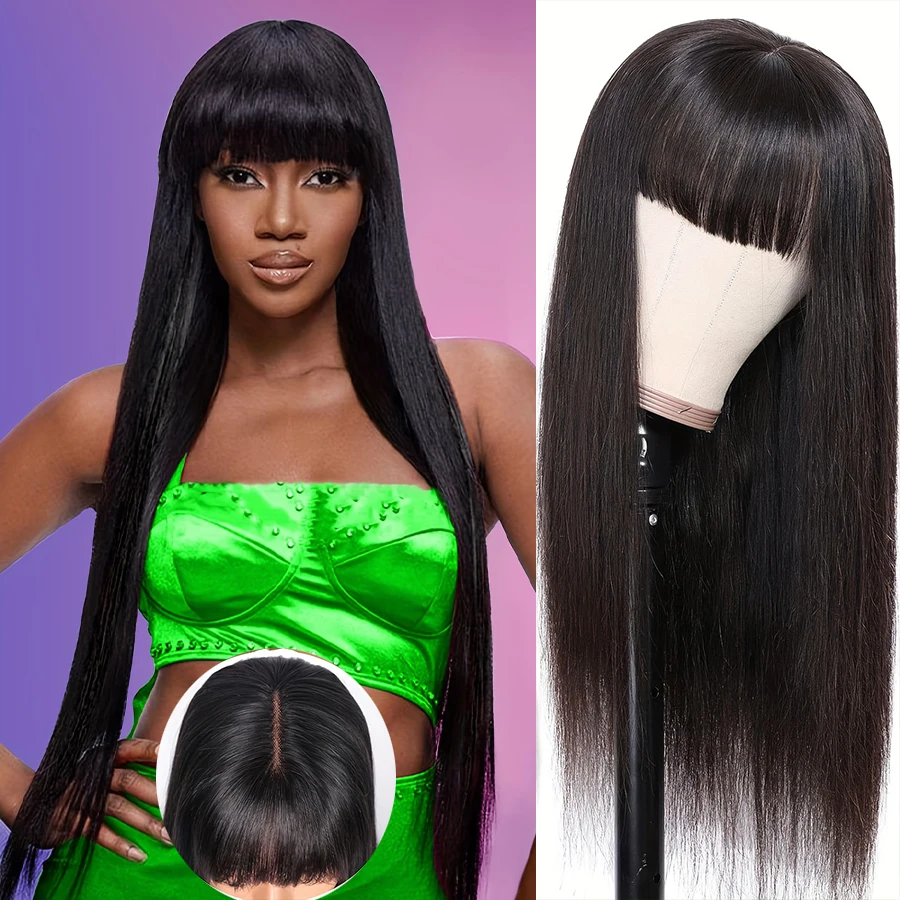 

30 Inch Bone Straight Human Hair Wig 3x1 HD Lace Closure Bob Wigs With Bangs Glueless Machine Made Brazilian Hair Fringe Wigs