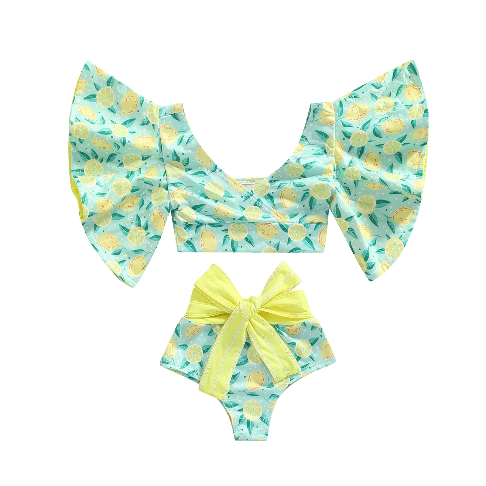 

Girls Two-piece Swimwear Lemon/starfish/striped Baggy Sleeve Swim Tops + High Waist Bathing Shorts Swimsuit