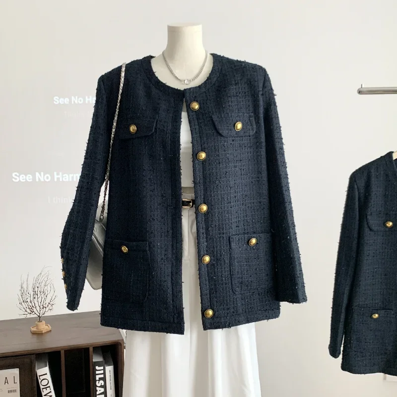 

High Quality Casual Loose Royal Blue Tweed Coat Basic O Neck Long Sleeves Autumn Winter Korea Small Fragrance Elegant Coat Woman