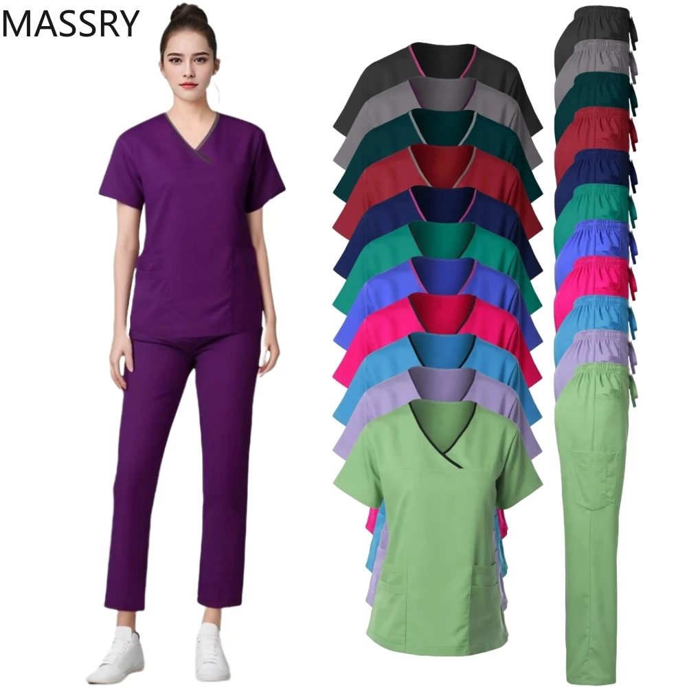 

Медицинская медсестра, рабочая одежда для салона красоты, клинические скрабы, топ + брюки, спа-врач, туника для кормления, костюм, женский скраб