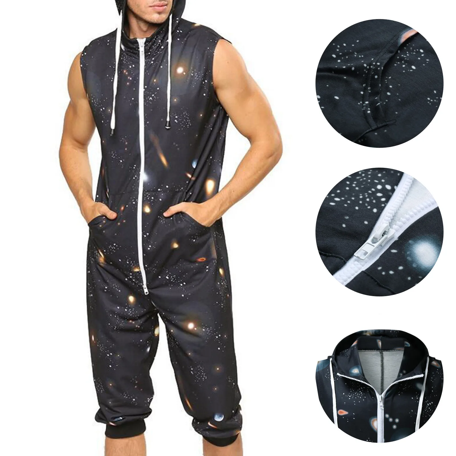 Men'S Print Hooded Jumpsuit Vantage Onesie Pajamas Sexy Sleeveless Hooded Home Wear Casual Comfortable Sleepwear Rompers