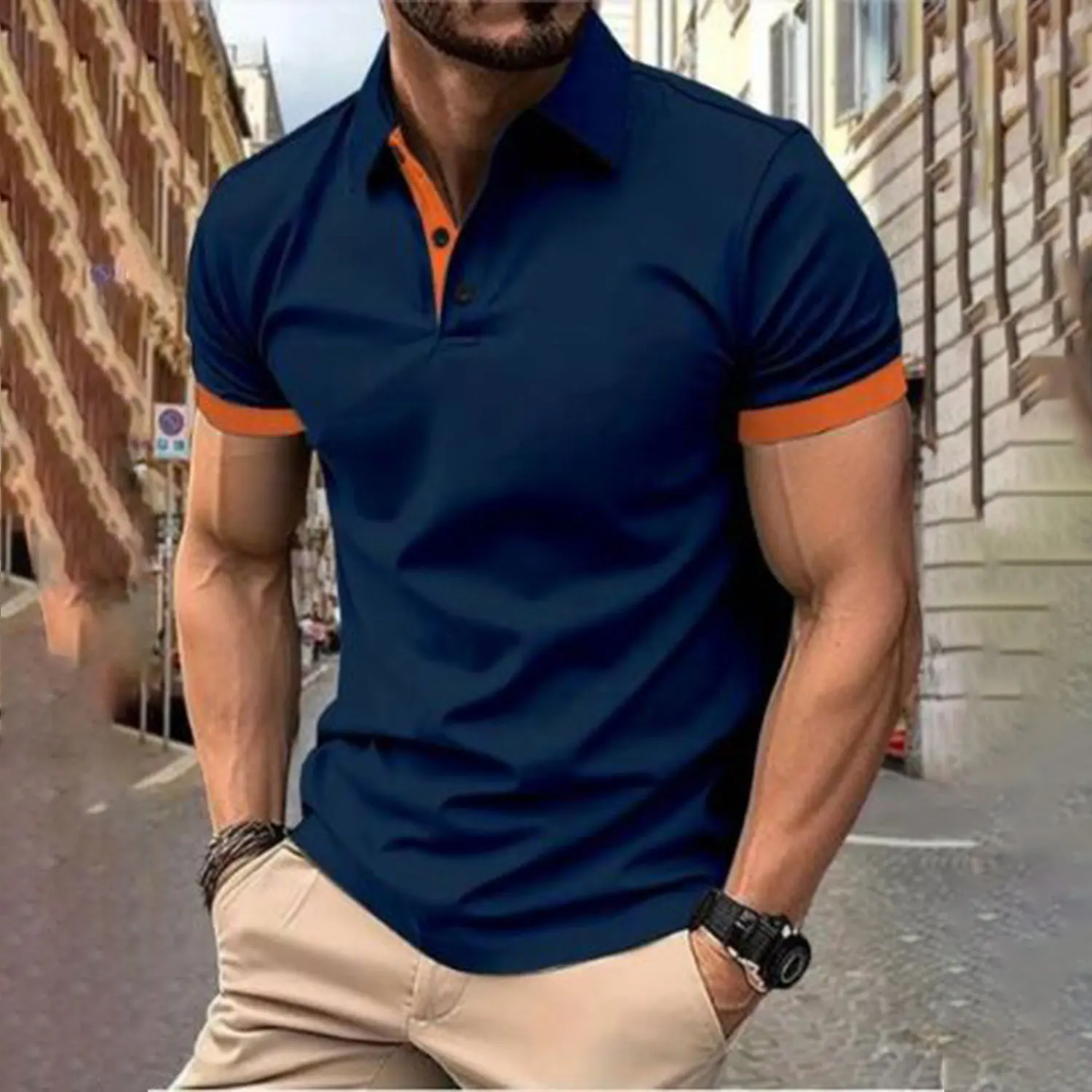 Men’s short sleeve color matching fashion with men’s lapel short sleeve Best Sellers In Men's Clothing