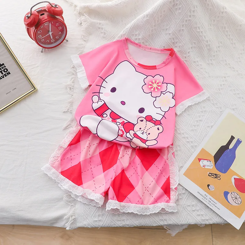 

Girly Heart Kawaii Sanrio Kuromi Hello Kitty Anime Short Sleeve Pants Set Summer Cute Cartoon My Melody Boys Girls Pajamas Gifts