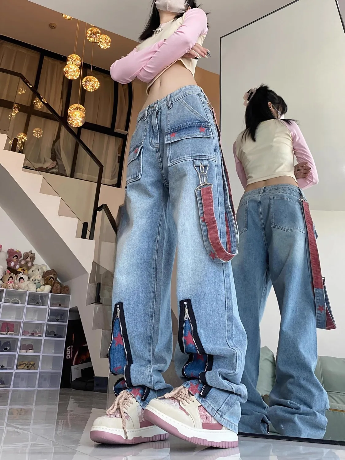 Overalls Jeans Multiple Zipper Print Pattern Design Vintage Street Y2k Women Casual Female High Waist Straight Pants