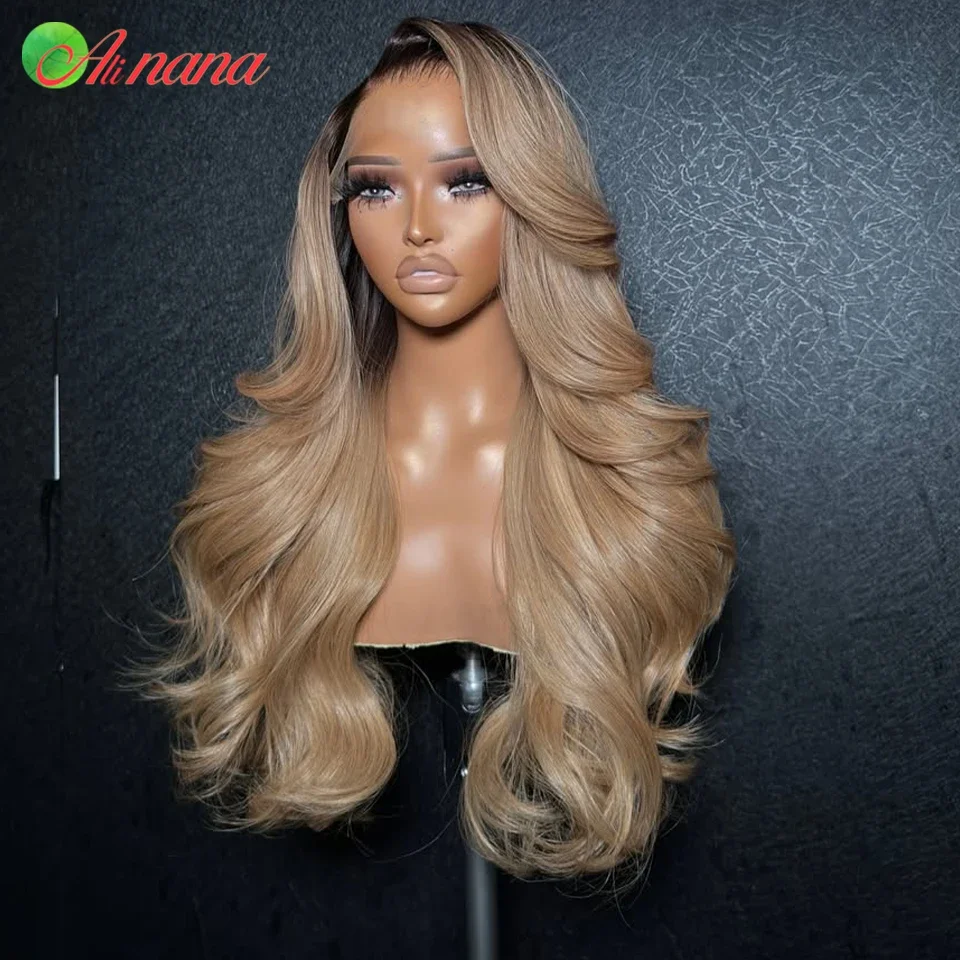 HD 13x4 Lace Frontal Wig Body Wave Ombre Blonde Brown Colored PrePlucked Highlight5x7 Lace Closure Wig Human Hair Wig For Women 3