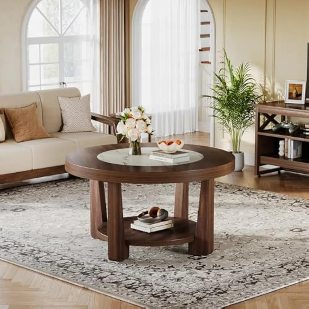 Coffee Table, 2-Tier Round Coffee Table with Heavy-Duty Wood Tabletop for Living Room,Circle Wood Accent Center Table 4